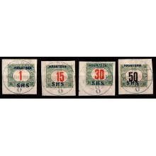 1918 Jugoslavien - AFA 28, 32, 34-35 - Portomærker fra Ungarn på klip - Blåt overtryk - Stemplet.